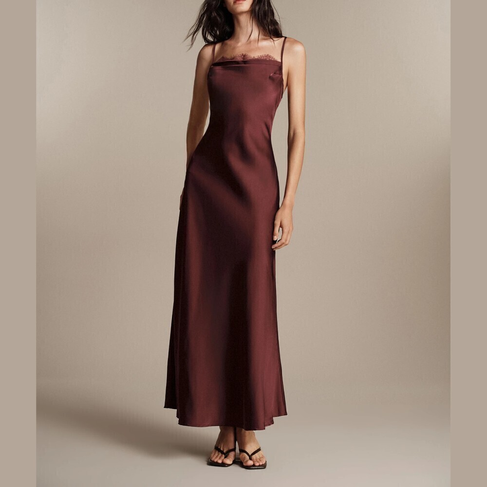 Burgundy Satin Lace Trim Square Neck Spaghetti Strap Maxi Dress